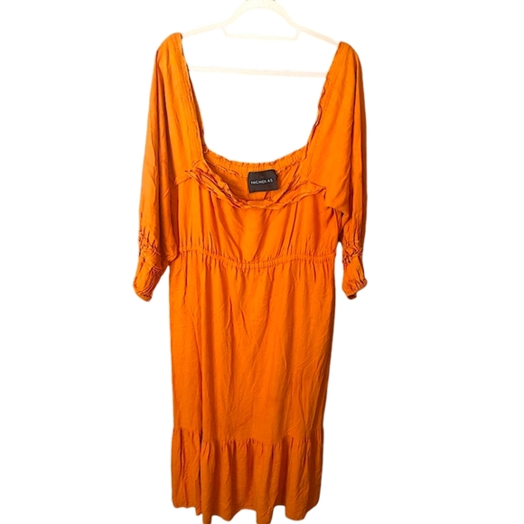 NICHOLAS orange prairie style linen blend midi dress long sleeve - Picture 1 of 8